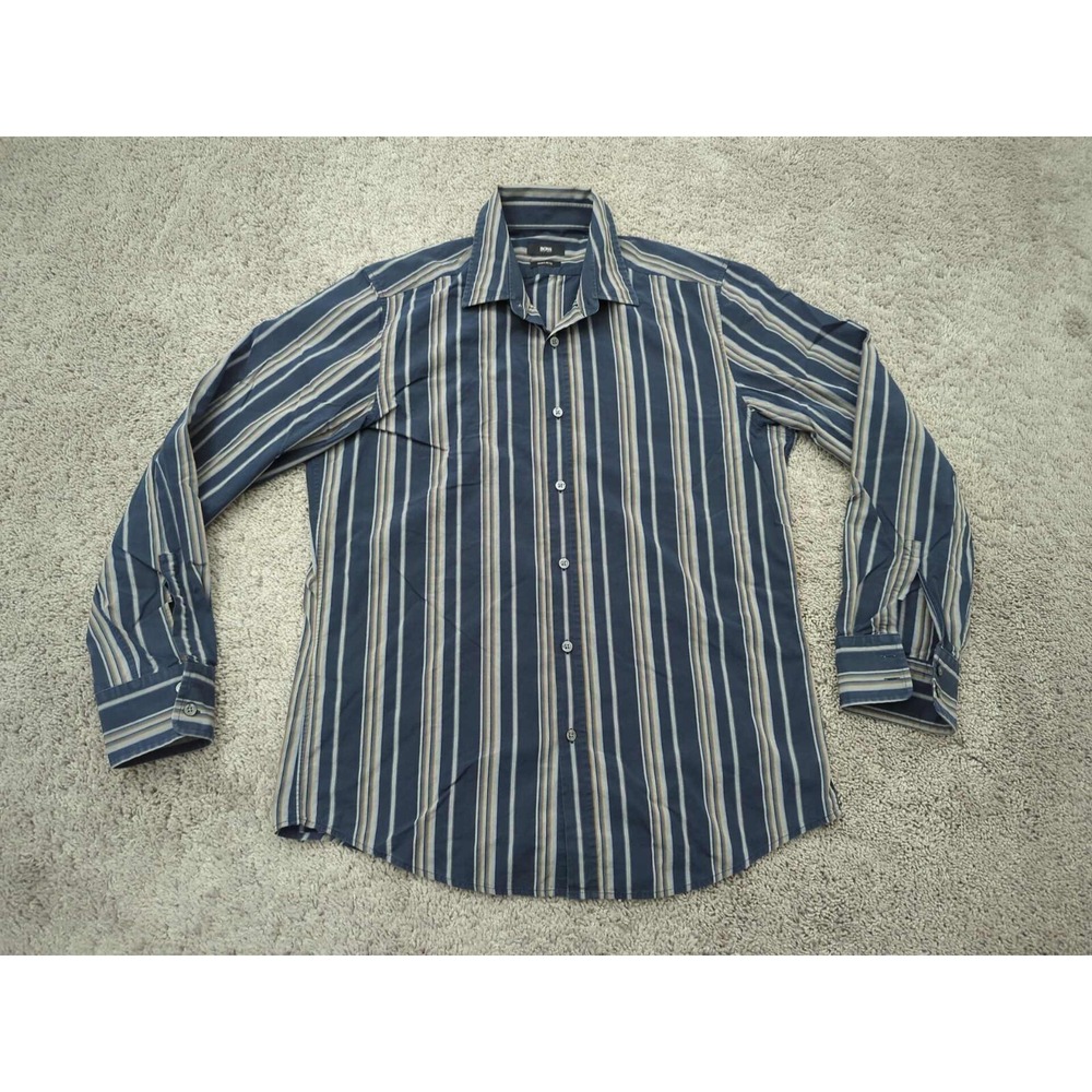 Hugo Boss Button Up Shirt Mens Large Blue Striped Long Sleeve Regular Fit Preppy